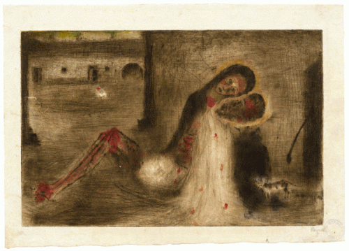 Bohuslav Reynek, Pieta na dvoře, 1950, suchá jehla s monotypem, 160 x 246 mm Bohuslav Reynek, Pieta na dvoře, 1950, suchá jehla s monotypem, 160 x 246 mm