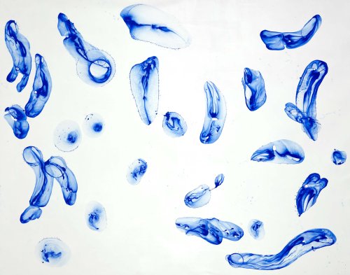 Jiří Georg Dokoupil: Bubbles Blue on White (2008), akryl a mýdlové bubliny na plátně