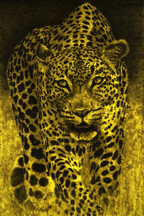 Jiří Georg Dokoupil: Großer gelber Leopard (2007), akryl a saze na plátně